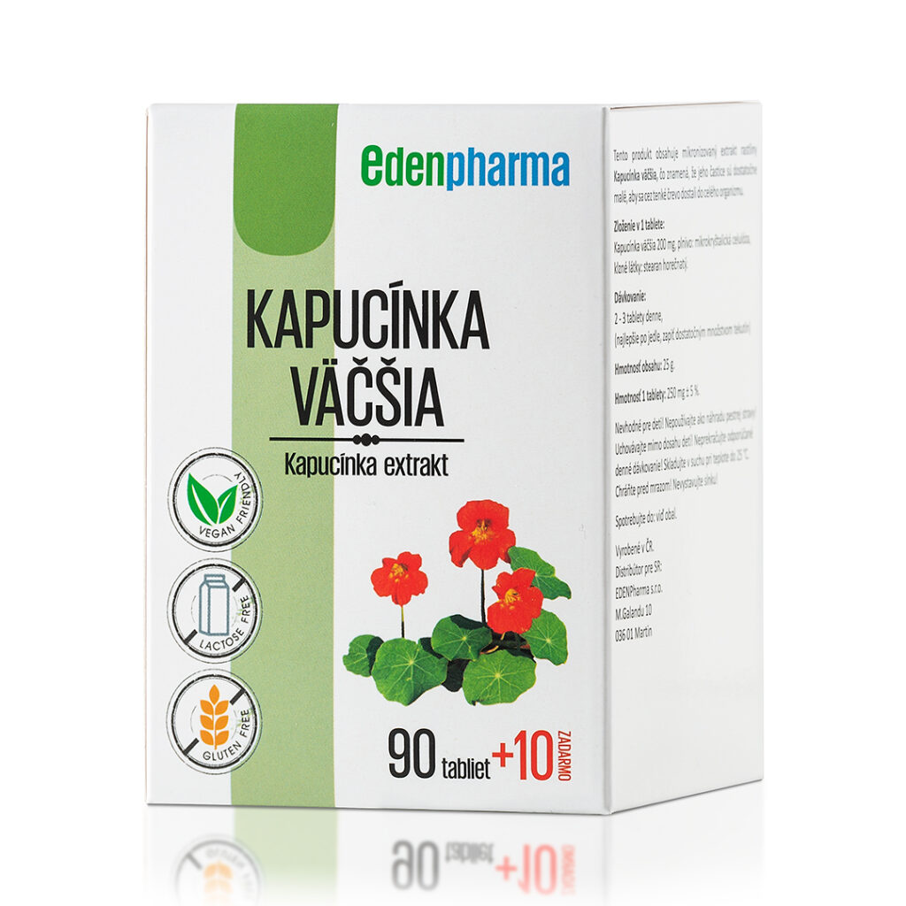 Kapucínka väčšia mikronizovaný extrakt kapucínky väčšej v tejto formule umožňuje lepšiu vstrebateľnosť a prenos účinných látok do celého tela.